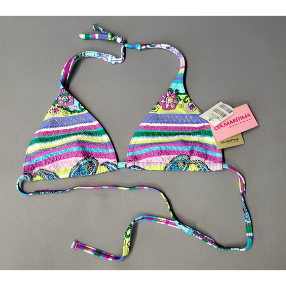 Cia Maritima Bikini Top Womens Medium Embroidered Beaded Floral Stripe Swimwear - Picture 4 of 16